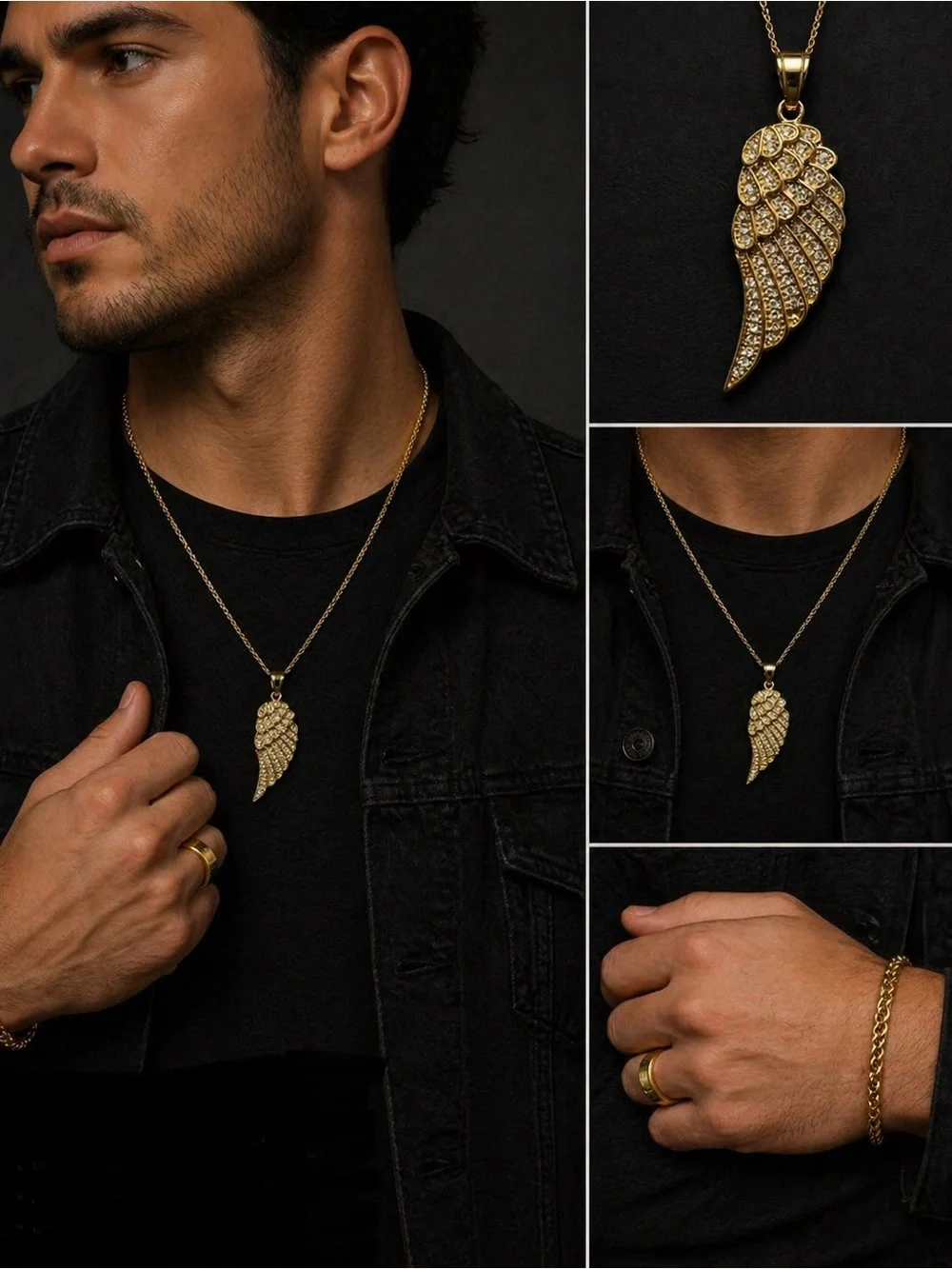 Gold Crystal Angel Wing Pendant stainless steel
